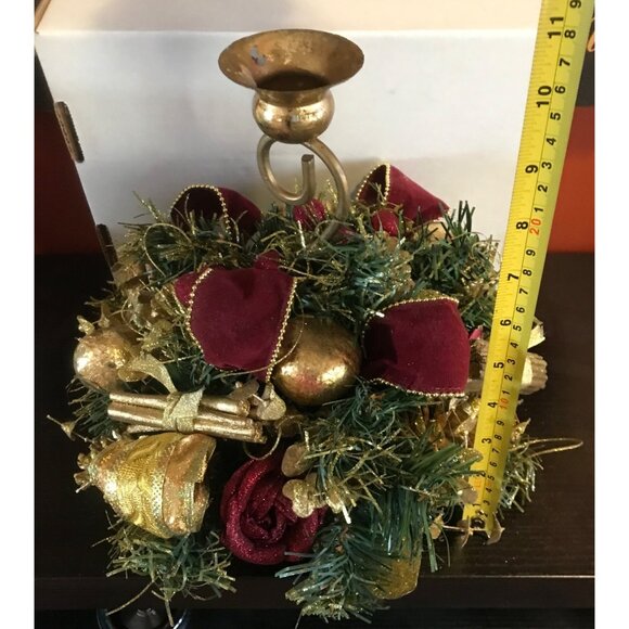 Festive Gold & Burgundy Christmas Candle Holder Centerpiece Decoration 11" tall - Picture 7 of 8